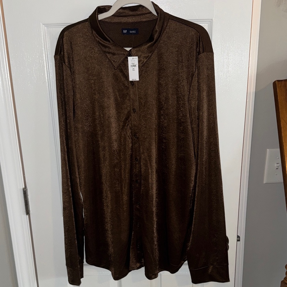 GAP Dark Brown Satin Button-Up Blouse
